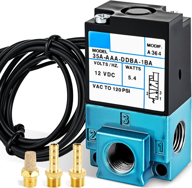 KZU DC 12V 5.4W Solenoid Valve, 3-Port Electronic Boost Control Solenoid Valve, Carbon Steel Dispensing Machine Valve with Brass Fitting, 6mm Threaded Connector (35A-AAA-DDBA-1BA) - Image 1